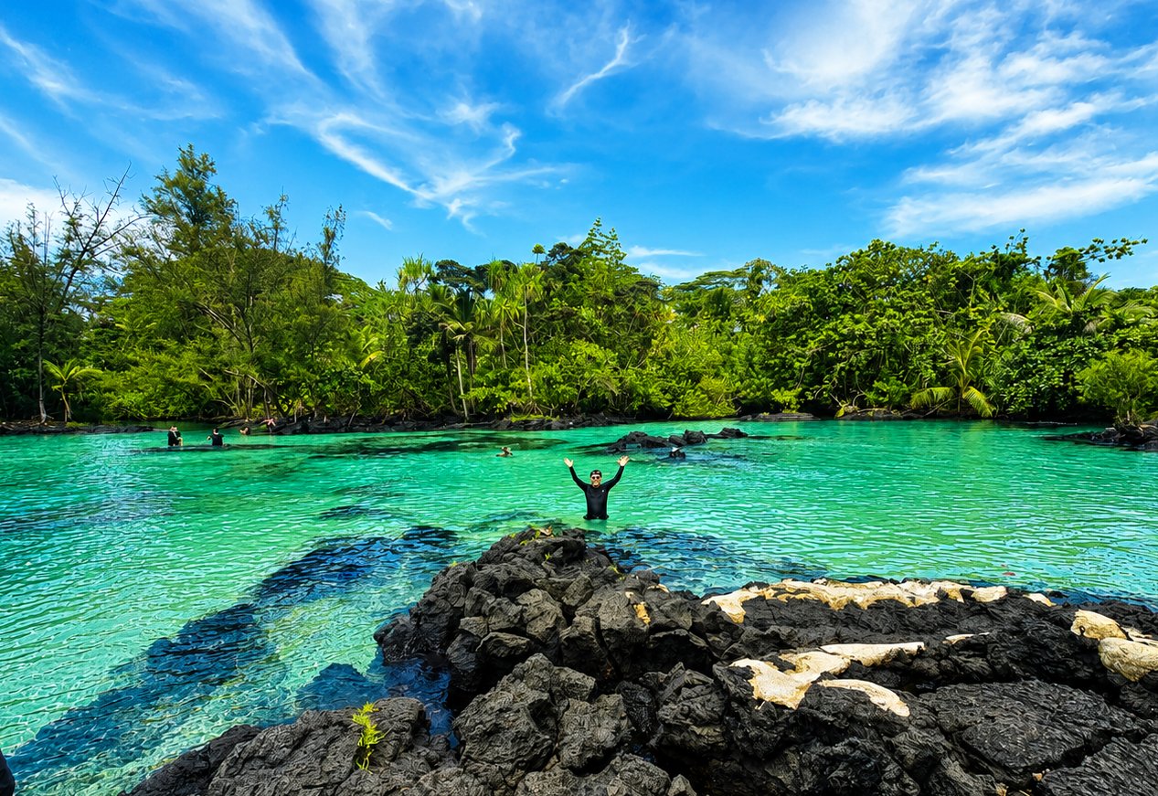 Practitioner with arms raised in a turquoise lagoon surrounded by lush Hawaiʻi jungle